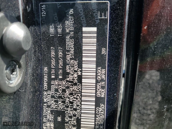 2017 Toyota 4Runner SR5 with VIN JTEBU5JR0H5415367, listed as a Copart auction lot 48484995 with 116,648 mi miles and Salvage Title. Bid and sale history available at carsss.com. Image 13.