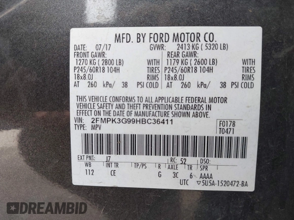 2017 Ford Edge SE с VIN 2FMPK3G99HBC36411, выставлен на аукционе IAAI как лот 41900559 с пробегом 156 501 миль миль и . История ставок и продаж доступна на DreamBid. Изображение 9.