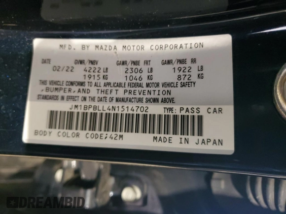 2022 Mazda Mazda3 Hatchback Preferred with VIN JM1BPBLL4N1514702, listed as a Copart auction lot 64541724 with 11,476 mi miles and Salvage Title. Bid and sale history available at carsss.com. Image 13.