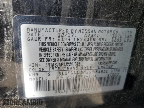 2018 Nissan Sentra S z VIN 3N1AB7AP1JY241045, wystawiony jako Copart lot #48457365 z przebiegiem 137 867 mil mil oraz Szkoda całkowita • Salvage title. Historia ofert i sprzedaży dostępna na DreamBid. Obrazek 12.