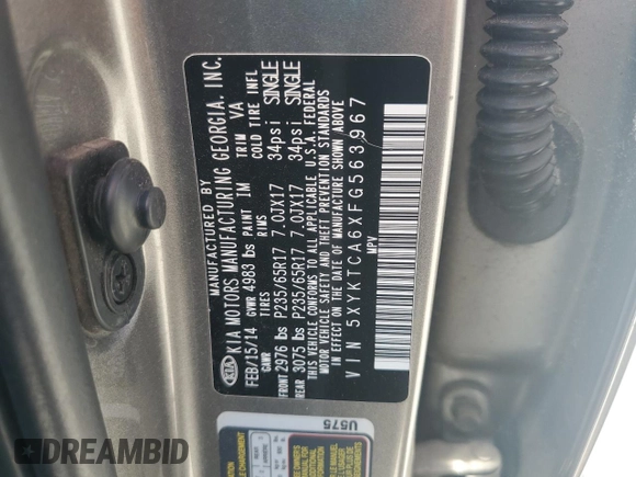 2015 Kia Sorento LX with VIN 5XYKTCA6XFG563967, listed as a Copart auction lot 62505855 with 194,440 mi miles and Clean title. Bid and sale history available at DreamBid. Image 12.