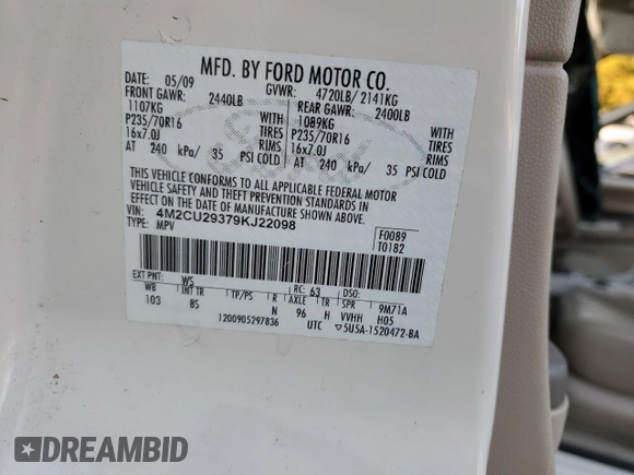 2009 Mercury Mariner Hybrid with VIN 4M2CU29379KJ22098, listed as a Copart auction lot 83224674 with Not provided miles and Salvage title. Bid and sale history available at DreamBid. Image 15.