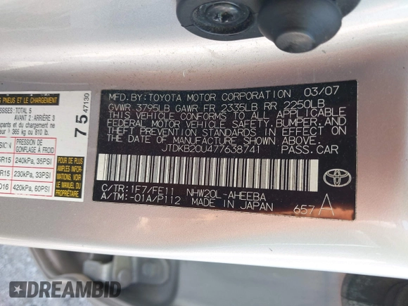 2007 Toyota Prius with VIN JTDKB20U477638741, listed as a IAAI auction lot 42012516 with 209,774 mi miles. Bid and sale history available at carsss.com. Image 9.
