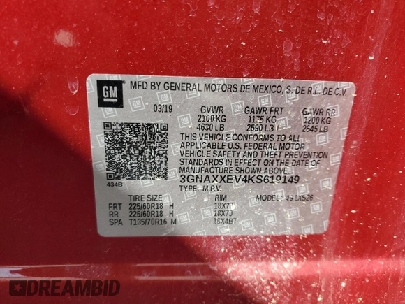 2019 Chevrolet Equinox Premier with VIN 3GNAXXEV4KS619149, listed as a Copart auction lot 49411725 with 38,422 mi miles and Salvage Title. Bid and sale history available at DreamBid. Image 16.