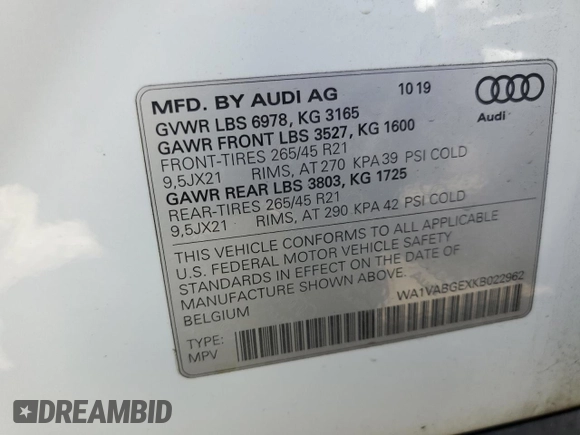 2019 Audi e-tron Prestige with VIN WA1VABGEXKB022962, listed as a Copart auction lot 46840743 with 22,368 mi miles. Bid and sale history available at carsss.com. Image 13.