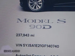2016 Tesla Model S 90D with VIN 5YJSA1E21GF140740, listed as a IAAI auction lot 42062461 with 237,943 mi miles and . Bid and sale history available at DreamBid. Image 14.