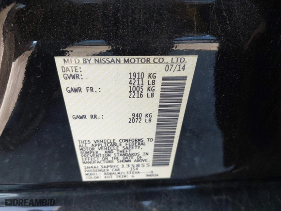 2015 Nissan Altima 2.5 SV with VIN 1N4AL3AP9FC135855, listed as a IAAI auction lot 41869437 with 183,182 mi miles. Bid and sale history available at carsss.com. Image 9.
