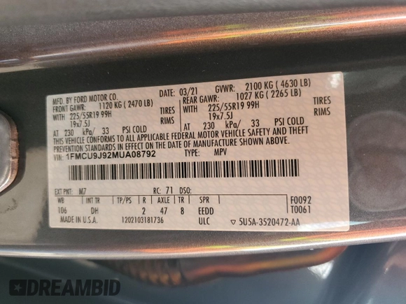 2021 Ford Escape Titanium with VIN 1FMCU9J92MUA08792, listed as a Copart auction lot 59270215 with 29,194 mi miles and Salvage title. Bid and sale history available at DreamBid. Image 12.