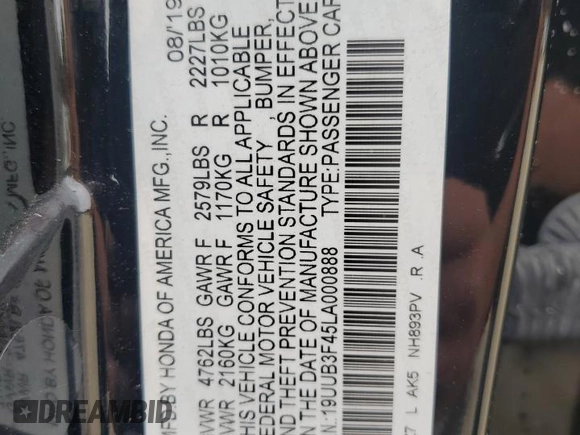 2020 Acura TLX w/Technology Pkg with VIN 19UUB3F45LA000888, listed as a Copart auction lot 72623044 with 68,322 mi miles and Salvage Title. Bid and sale history available at carsss.com. Image 12.