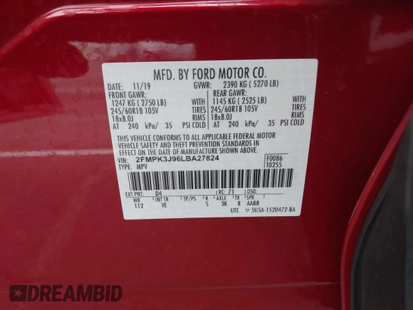 2020 Ford Edge SEL with VIN 2FMPK3J96LBA27824, listed as a IAAI auction lot 42595082 with 42,493 mi miles and . Bid and sale history available at DreamBid. Image 9.