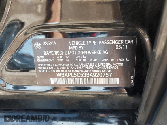 2011 BMW 3 Series 335i xDrive with VIN WBAPL5C53BA920757, listed as a IAAI auction lot 42782754 with 210,347 mi miles and . Bid and sale history available at DreamBid. Image 9.