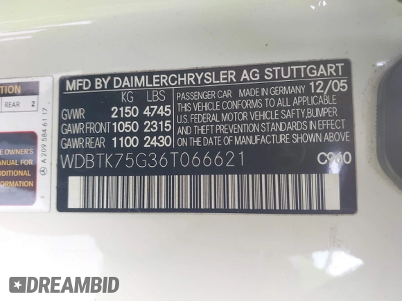 2006 Mercedes-Benz CLK-Class 5.0L with VIN WDBTK75G36T066621, listed as a IAAI auction lot 41009612 with 135,931 mi miles. Bid and sale history available at carsss.com. Image 9.