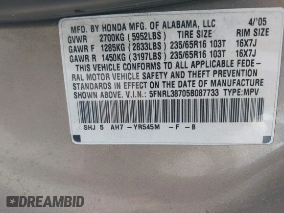 2005 Honda Odyssey EX-L with VIN 5FNRL38705B087733, listed as a IAAI auction lot 42165084 with 254,357 mi miles. Bid and sale history available at carsss.com. Image 9.