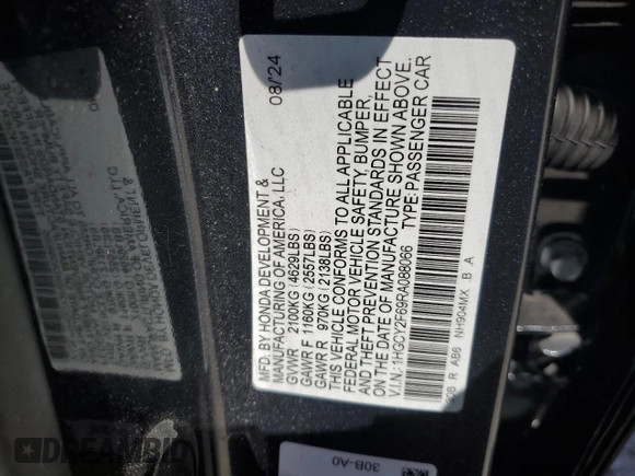 2024 Honda Accord EX-L with VIN 1HGCY2F69RA088066, listed as a Copart auction lot 54985585 with 35,143 mi miles and Salvage title. Bid and sale history available at DreamBid. Image 15.