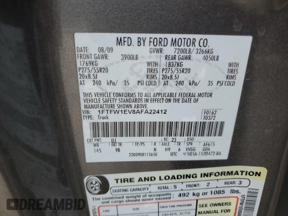 2010 Ford F-150 XL with VIN 1FTFW1EV8AFA22412, listed as a Copart auction lot 42259025 with 249,847 mi miles and Salvage title. Bid and sale history available at DreamBid. Image 12.