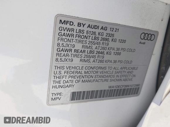 2022 Audi Q3 S line Premium with VIN WA1DECF39N1072980, listed as a IAAI auction lot 41407117 with 19,397 mi miles and . Bid and sale history available at DreamBid. Image 9.