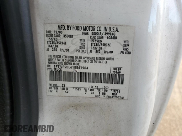 2001 Ford F-250 XL with VIN 1FTNF20L61EB61984, listed as a Copart auction lot 41397135 with 156,815 mi miles and Salvage title. Bid and sale history available at DreamBid. Image 14.