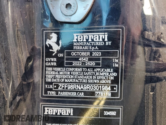 2024 Ferrari Roma z VIN ZFF98RNA9R0301984, wystawiony jako Copart lot #54060024 z przebiegiem Nie podano mil oraz Szkody całkowita. Historia ofert i sprzedaży dostępna na DreamBid. Obrazek 13.