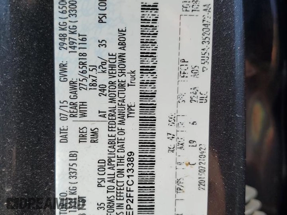 2015 Ford F-150 XLT with VIN 1FTEW1EP2FFC13389, listed as a Copart auction lot 53381205 with 185,801 mi miles and Salvage title. Bid and sale history available at DreamBid. Image 14.