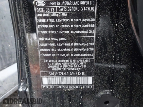 2013 Land Rover LR4 HSE with VIN SALAG2D41DA671310, listed as a IAAI auction lot 41872229 with 195,145 mi miles and . Bid and sale history available at DreamBid. Image 9.
