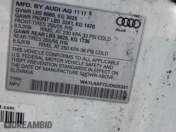 2018 Audi Q7 Premium Plus with VIN WA1LAAF72JD025331, listed as a Copart auction lot 59190365 with 125,472 mi miles and Salvage title. Bid and sale history available at DreamBid. Image 12.