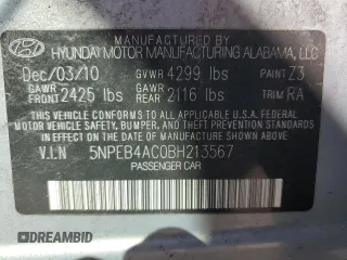2011 Hyundai Sonata GLS with VIN 5NPEB4AC0BH213567, listed as a Copart auction lot 50211665 with 179,449 mi miles and Salvage Title. Bid and sale history available at DreamBid. Image 14.