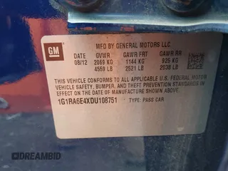 2013 Chevrolet Volt with VIN 1G1RA6E4XDU108751, listed as a IAAI auction lot 42110154 with 184,461 mi miles and . Bid and sale history available at carsss.com. Image 9.