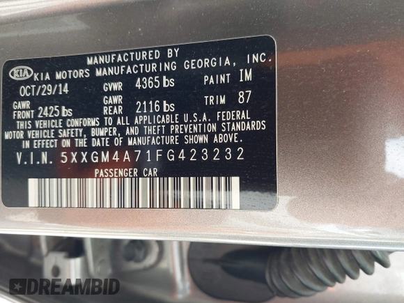 2015 Kia Optima LX with VIN 5XXGM4A71FG423232, listed as a IAAI auction lot 42054131 with 135,213 mi miles. Bid and sale history available at carsss.com. Image 9.