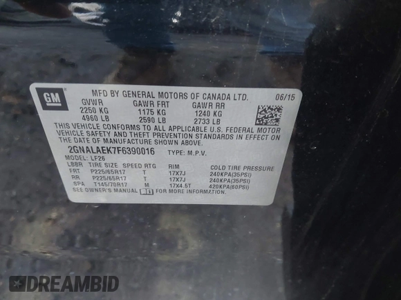 2015 Chevrolet Equinox LS with VIN 2GNALAEK7F6390016, listed as a IAAI auction lot 41932977 with 156,100 mi miles. Bid and sale history available at carsss.com. Image 9.