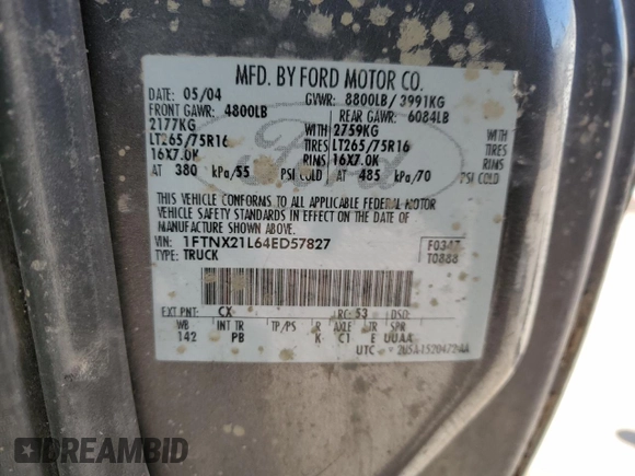 2004 Ford F-250 XL with VIN 1FTNX21L64ED57827, listed as a Copart auction lot 47236535 with Not provided miles and Salvage title. Bid and sale history available at DreamBid. Image 14.