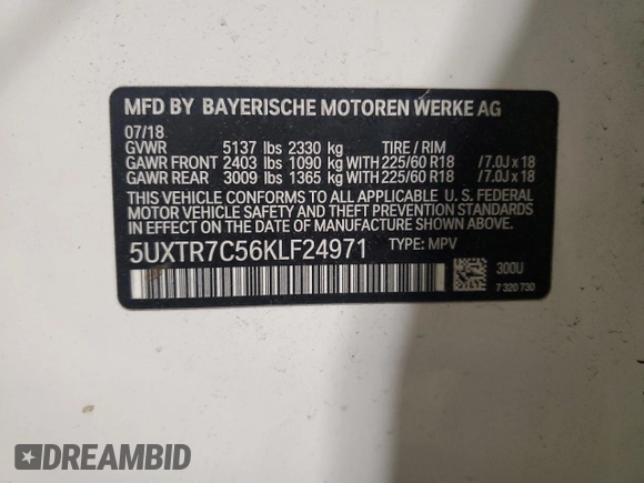 2019 BMW X3 sDrive30i with VIN 5UXTR7C56KLF24971, listed as a Copart auction lot 43018555 with 101,039 mi miles and Salvage Title. Bid and sale history available at carsss.com. Image 12.