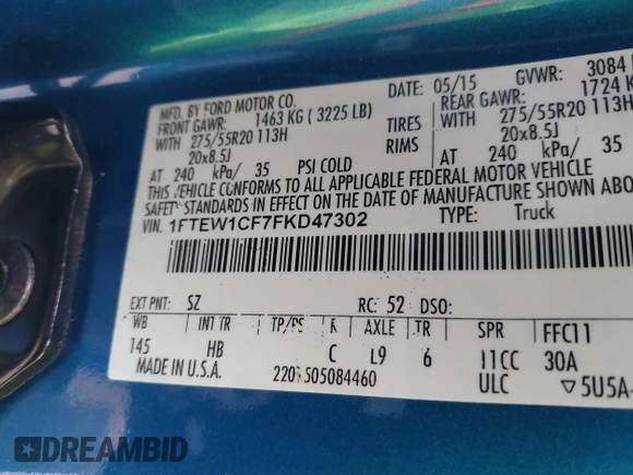 2015 Ford F-150 XL with VIN 1FTEW1CF7FKD47302, listed as a IAAI auction lot 41313284 with 125,985 mi miles and . Bid and sale history available at DreamBid. Image 9.