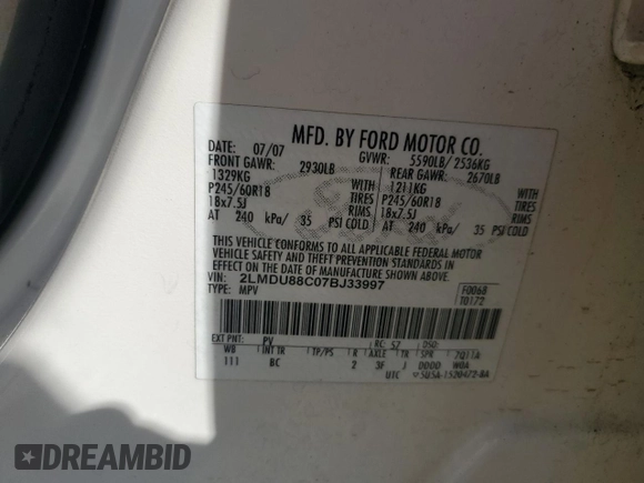 2007 Lincoln MKX with VIN 2LMDU88C07BJ33997, listed as a Copart auction lot 52804185 with 151,032 mi miles and Salvage title. Bid and sale history available at DreamBid. Image 13.