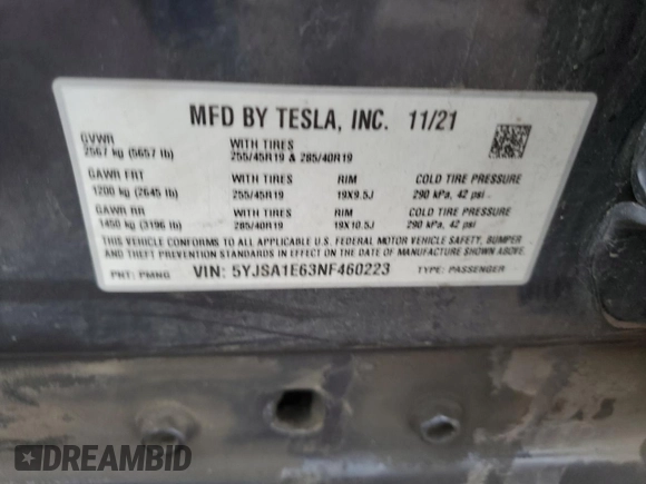 2022 Tesla Model S Plaid with VIN 5YJSA1E63NF460223, listed as a Copart auction lot 56127155 with 50,419 mi miles and Clean title. Bid and sale history available at DreamBid. Image 12.