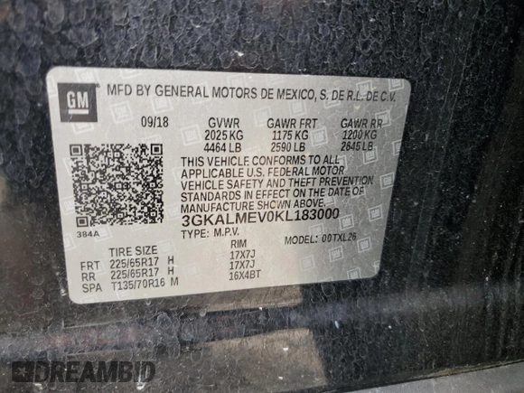 2019 GMC Terrain SLE with VIN 3GKALMEV0KL183000, listed as a Copart auction lot 59921065 with 130,439 mi miles and Non repairable. Bid and sale history available at DreamBid. Image 13.