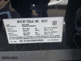 2022 Tesla Model S with VIN 5YJSA1E56NF490064, listed as a IAAI auction lot 41858477 with 1 mi miles. Bid and sale history available at carsss.com. Image 9.