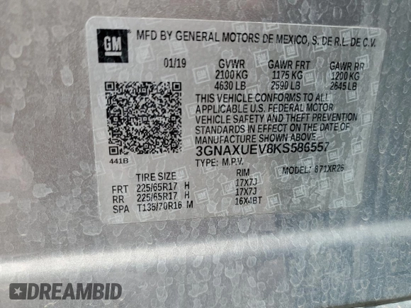 2019 Chevrolet Equinox LT with VIN 3GNAXUEV8KS586557, listed as a Copart auction lot 51529905 with 98,121 mi miles and Salvage Title. Bid and sale history available at DreamBid. Image 15.