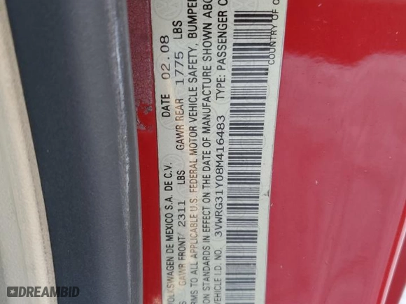 2008 Volkswagen New Beetle Convertible SE with VIN 3VWRG31Y08M416483, listed as a Copart auction lot 48380825 with 143,013 mi miles and Salvage Title. Bid and sale history available at carsss.com. Image 12.