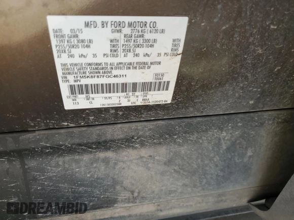 2015 Ford Explorer Limited with VIN 1FM5K8F87FGC46311, listed as a Copart auction lot 49111385 with 170,415 mi miles and Salvage Title. Bid and sale history available at DreamBid. Image 15.