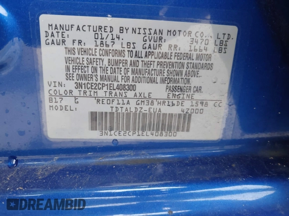 2014 Nissan Note S Plus with VIN 3N1CE2CP1EL408300, listed as a IAAI auction lot 42614306 with 49,963 mi miles and . Bid and sale history available at DreamBid. Image 9.