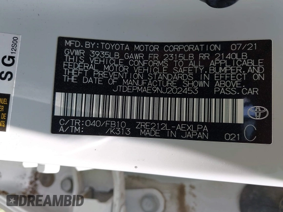 2022 Toyota Corolla LE with VIN JTDEPMAE9NJ202453, listed as a IAAI auction lot 41962121 with 41,289 mi miles and . Bid and sale history available at DreamBid. Image 9.