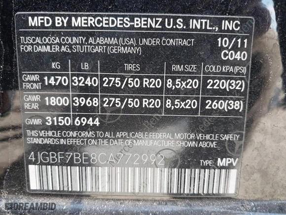 2012 Mercedes-Benz GL-Class GL 450 with VIN 4JGBF7BE8CA772992, listed as a IAAI auction lot 41532020 with 123,904 mi miles. Bid and sale history available at carsss.com. Image 9.