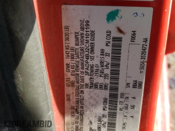 2012 Ford Fiesta SE with VIN 3FADP4BJ2CM101199, listed as a Copart auction lot 50337085 with 185,123 mi miles and Salvage Title. Bid and sale history available at DreamBid. Image 13.