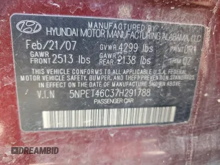 2007 Hyundai Sonata GLS with VIN 5NPET46C37H291788, listed as a Copart auction lot 52166515 with 169,254 mi miles and Clean Title. Bid and sale history available at DreamBid. Image 13.