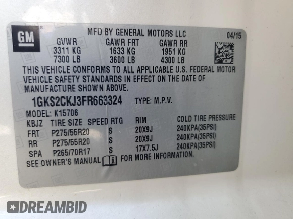2015 GMC Yukon Denali with VIN 1GKS2CKJ3FR663324, listed as a Copart auction lot 70306614 with 154,234 mi miles and Salvage Title. Bid and sale history available at carsss.com. Image 15.