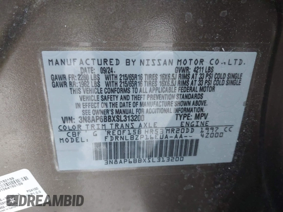 2025 Nissan Kicks S with VIN 3N8AP6BBXSL313200, listed as a IAAI auction lot 41546583 with 5,964 mi miles and . Bid and sale history available at DreamBid. Image 9.