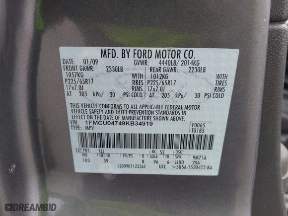 2009 Ford Escape Limited with VIN 1FMCU04749KB34919, listed as a IAAI auction lot 40820827 with 1 mi miles. Bid and sale history available at carsss.com. Image 9.