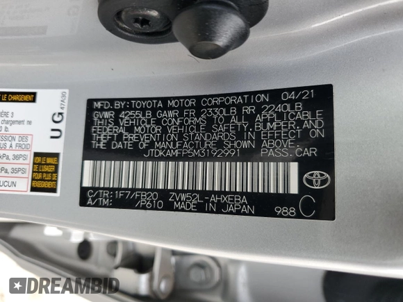 2021 Toyota Prius LE with VIN JTDKAMFP5M3192991, listed as a Copart auction lot 56768095 with 77,515 mi miles and Salvage title. Bid and sale history available at DreamBid. Image 12.