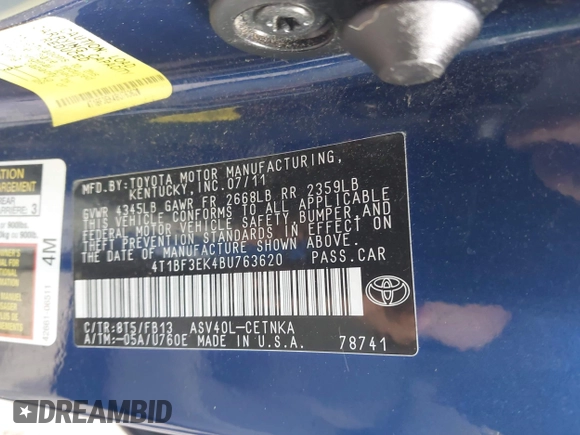 2011 Toyota Camry LE z VIN 4T1BF3EK4BU763620, wystawiony jako IAAI lot #42350047 z przebiegiem 192 613 mil mil oraz . Historia ofert i sprzedaży dostępna na DreamBid. Obrazek 9.