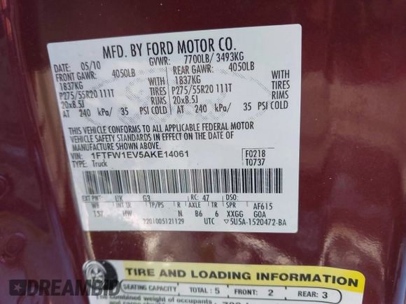2010 Ford F-150 XL with VIN 1FTFW1EV5AKE14061, listed as a IAAI auction lot 41247035 with 145,171 mi miles. Bid and sale history available at carsss.com. Image 9.